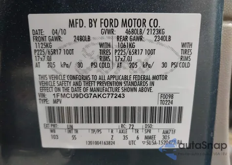 2010 Ford Escape Xlt из США, поврежденный, VIN 1FMCU9DG7AKC77243